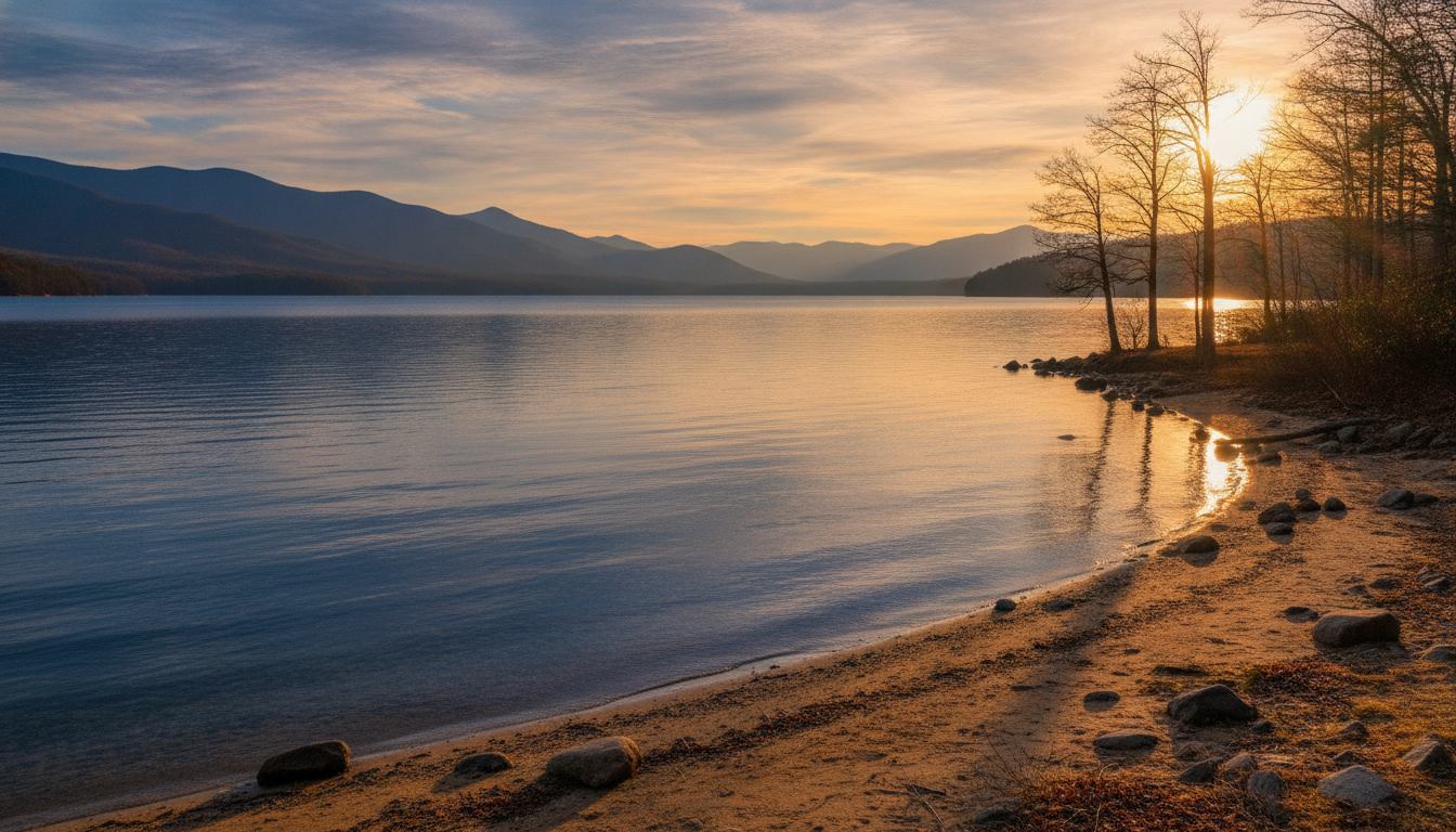 Serene North Carolina lake at golden hour with warm amber sunset light reflecting on calm blue water
